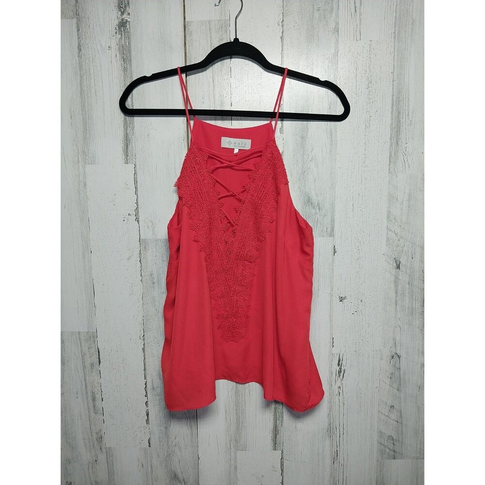 Wayf Womens Large Top Tank Blouse Red-Orange Sleeveless Woven V-Neck Lace Trim